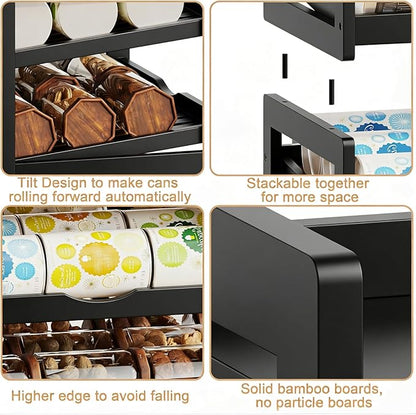 BAMBANG Can Organizer for Pantry, Detachable Bamboo 4 Tier Stackable Can Storage Rack, Rolling Soda Can Dispenser Can Holders for Cabinet, Holds Up to 48 Cans, Black