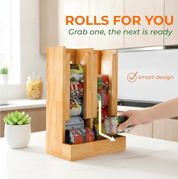 HOMESTEAD Wooden Can Organizer for Pantry, Solid Wood Canned Food Rack, Holds Standard 14.2 oz Cans, Space-Saving Kitchen Storage for Cabinets & Countertops, Natural