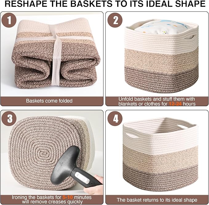 ICERZCZ 13 Inch Cube Closet Storage Bins, Woven Cotton Rope Organizer Baskets for Organizing & Shelves, Books, Towels, Clothes, Toys, 13x13x13 in, Gradient Brown (Pack of 3)