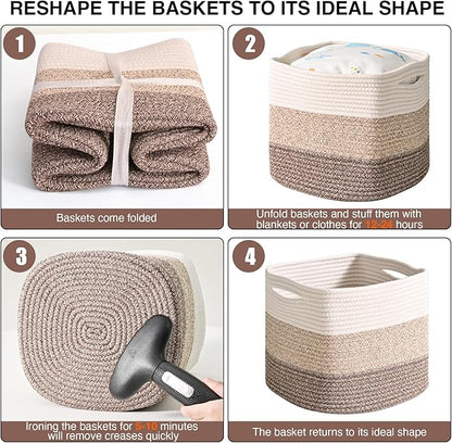 ICERZCZ 13 Inch Cube Closet Storage Bins, Woven Cotton Rope Organizer Baskets for Organizing & Shelves, Books, Towels, Clothes, Toys, 13x13x13 in, Gradient Brown (Pack of 3)