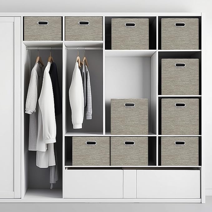 Posprica Closet Storage Bins, 4 Pack Large Closet Shelf Organizers, Linen Fabric Decorative Storage Baskets for Organizing, Foldable Storage Box for Clothes, Toy, 16.5x12x10.25 Inch-Coffee