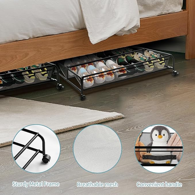 Under Bed Shoe Storage with Wheels, Space Saving Shoe Organizer with Sturdy Metal Frame & Breathable Mesh, Suitable Under The Bed, Sofa and Desk, 1 Pack