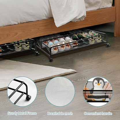 Under Bed Shoe Storage with Wheels, Space Saving Shoe Organizer with Sturdy Metal Frame & Breathable Mesh, Suitable Under The Bed, Sofa and Desk, 1 Pack