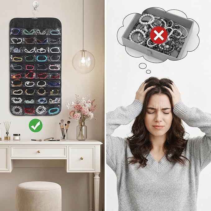 4 Pack Black Hanging Jewelry Storage with 80 Pockets, Double-Sided Closet Jewelry Organizer Hanging for Earrings, Necklaces, Rings, Bracelets
