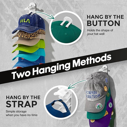 Hat Hook for Wall, 2 Pack Hat Organizer Hold up to 20 Hats,Hat Holder with Strong Adhesive and 8 Pack Screws, Cap Holder Hat Hangers for Wall Closet Door and Bedroom(B-white)
