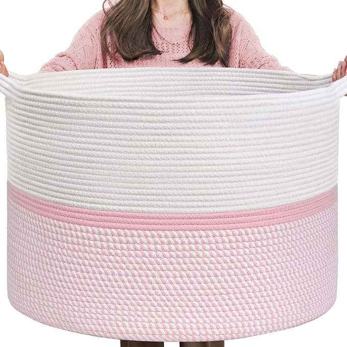 CHICVITA Extra Large Cotton Rope Woven Basket, XXL Throw Blanket Storage Basket with Handles, Pink Decorative Clothes Hamper Laundry Hamper - 22" x 22" x 14"