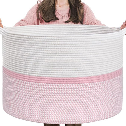 CHICVITA Extra Large Cotton Rope Woven Basket, XXL Throw Blanket Storage Basket with Handles, Pink Decorative Clothes Hamper Laundry Hamper - 22" x 22" x 14"