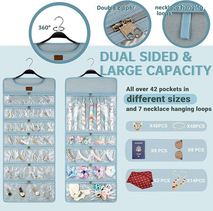 SMRITI Hanging Jewelry Organizer with Dual Zippered Pockets Canvas Double Sided Rotating Hanger Necklace Hanging Wall Organizer Earring Dustproof Holder Wall Mount Accessories Display Bag(Light Blue)