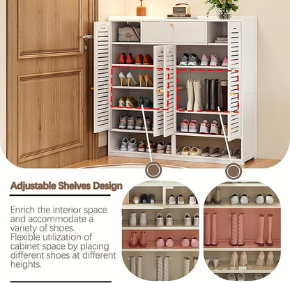 7-Tier Shoe Storage Cabinet with Shutter Doors, Large Capacity Shoe Cabinet With Drawers Sneakers Shoe Rack Shelf for Entryway, Freestanding Shoe Organizer with Thickened Adjustable Shelves for Closet