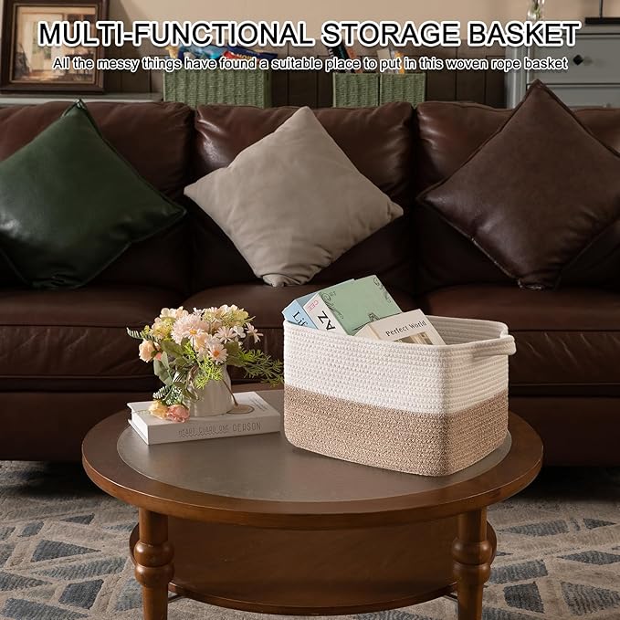 OIAHOMY Woven Storage Basket for Shelves, Rectangle Cotton Rope Baskets for Organizing, 16 x 12 x 10 in, Storage Bins for Dog Toys,Towel,Books,Gift,Brown and White