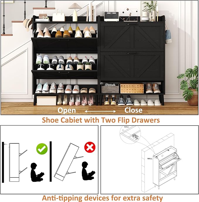 HOMEFORT Shoe Storage Cabinet for Entryway, 30" Freestanding Organizer with Two Flip Drawers, Narrow Hidden Shoe Rack with Wood Legs, Farmhouse Shoe Cabinet for Front Door Entrance,Black
