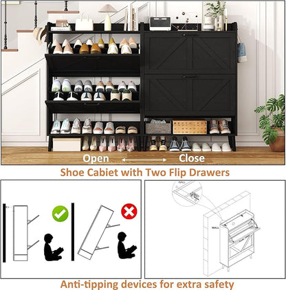 HOMEFORT Shoe Storage Cabinet for Entryway, 30" Freestanding Organizer with Two Flip Drawers, Narrow Hidden Shoe Rack with Wood Legs, Farmhouse Shoe Cabinet for Front Door Entrance,Black