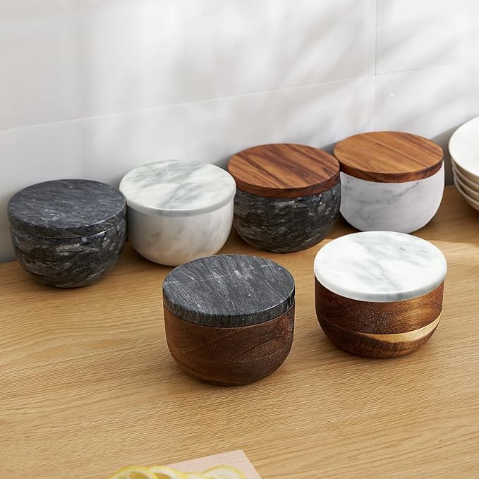 jalz jalz Marble Salt and Pepper Box Set with Spoons and Lid, Salt Cellar Salt Keeper Container, Black and White, Large Capacity 10 Ounce Bowl, 4 inch Diameter, 2.8 inch Height