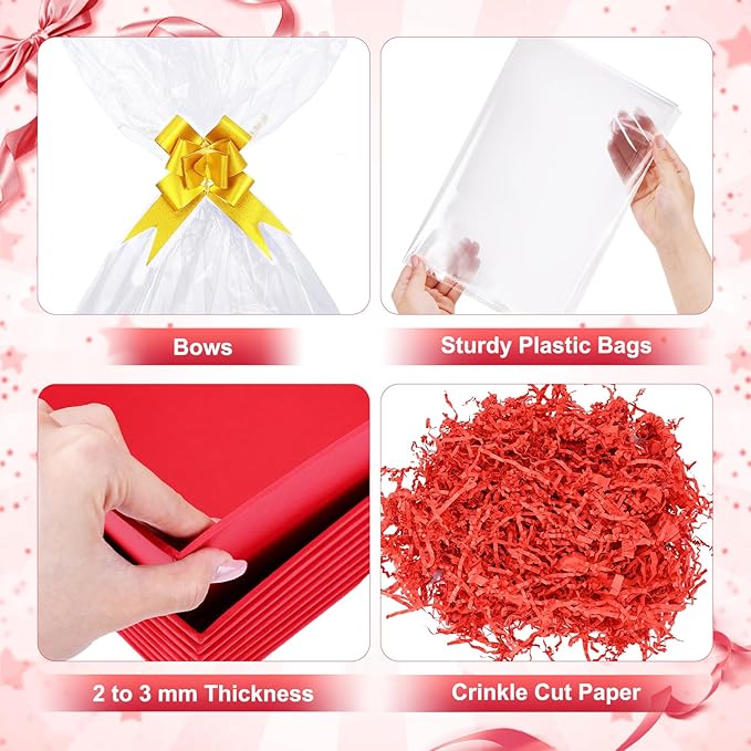 5 Pack Baskets For Gifts Empty, 10x12” Red Gift Basket Kit with Clear Bags Gold Bows 200g Crinkle Cut Paper Empty Gift Baskets to Fill Large Gift Baskets for Christmas, Birthdays, Holidays, Weddings