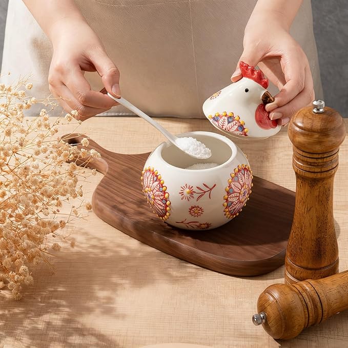 Ceramic Salt Cellar with Lid and Spoon, 13 oz Large Chicken Salt Jar, Chicken Sugar Containers for Countertop, Decorative Kitchen Holder for Coffee, Pepper, Seasonings, Spices, Candy(Red)