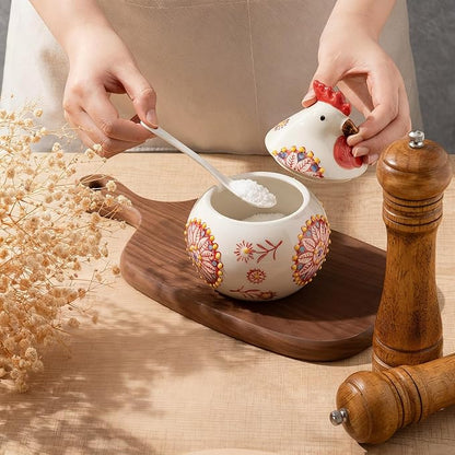Ceramic Salt Cellar with Lid and Spoon, 13 oz Large Chicken Salt Jar, Chicken Sugar Containers for Countertop, Decorative Kitchen Holder for Coffee, Pepper, Seasonings, Spices, Candy(Red)