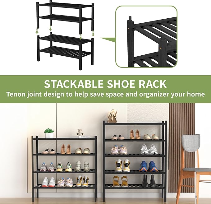 ROMGUAR CRAFT 4 Tier (Thick) Bamboo Shoe Rack for Closet Free Standing Wood Shoe Shelf for Entryway Small Space Stackable 27"x12"x28" (Blackl)