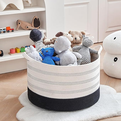 R RUNKA XXXLarge Cotton Rope Basket 22" X 22"X 14" Blanket Basket for Living Room Woven Basket Soft Baby Laundry Blanket Basket Nursery Bin Toy Basket with Handle White+Black
