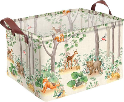 Woodland Animal Storage Basket Waterproof Canvas Toy Storage Bin Home Forest Decor Collapsible Outdoor Basket with Leather Handles Woodland Decor Blanket Baskets For Closets,Bedrooms,Gifts Baskets