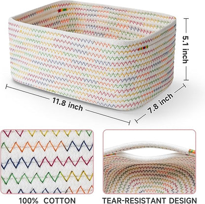 3-Pcs Shelf Baskets for Organizing, Closet Organizer Bins, Small Woven Baskets, Rope Toy Basket, Storage Basket for Shelves, Cube Decorative Box, 11.8×7.8×5.1”, Rainbow