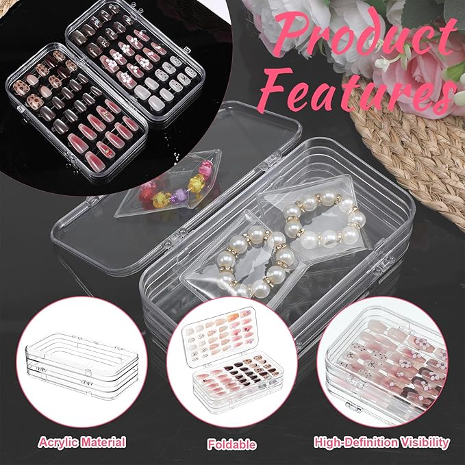 Press On Nail Organizer Case Tri-Fold 4 Page Clear Empty Press On Nail Packing Box PET Plastic Storage Box with 30 pcs Adhesive Double Sided Tape for Storage Display Nails Art Business(6×3.2×1.8 inch)