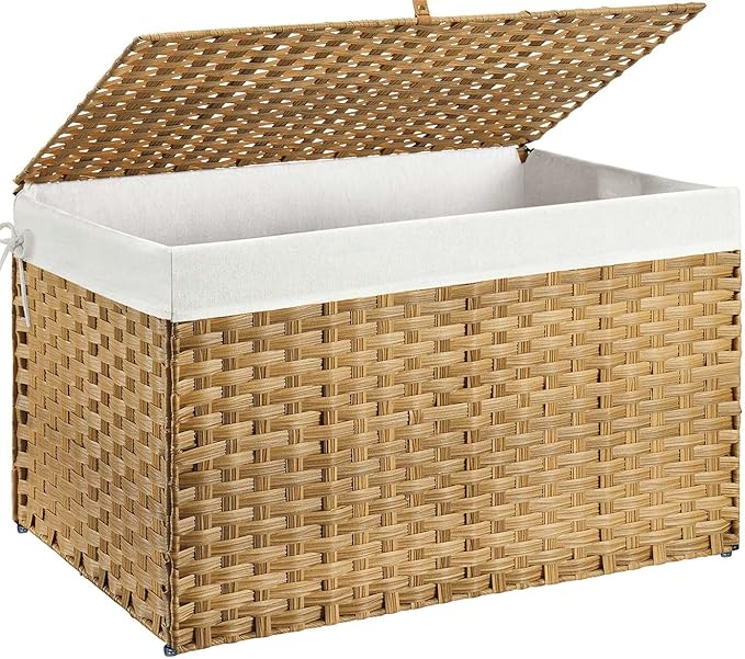 GREENSTELL Storage Basket with Lid, 42.3 Gallon(160L) Lagre Wicker Blanket Storage Basket with Handles, Foldable, 2 Removable Liner Bags, Metal Frame, for Bedroom, Laundry Room, Brown,30"*18.1"*18.1"