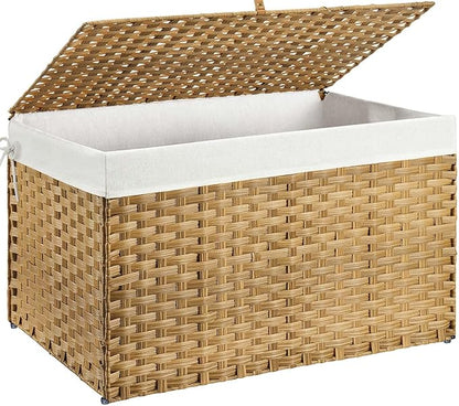GREENSTELL Storage Basket with Lid, 42.3 Gallon(160L) Lagre Wicker Blanket Storage Basket with Handles, Foldable, 2 Removable Liner Bags, Metal Frame, for Bedroom, Laundry Room, Brown,30"*18.1"*18.1"