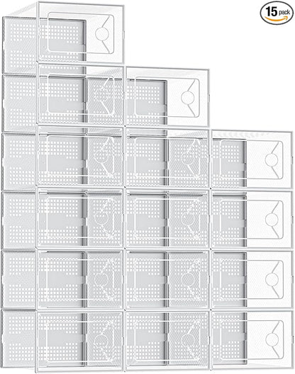 DUMOS Shoe Storage Boxes, 15 Pack Stackable Clear Shoe Containers with Lids, Display Sneaker Case Organizer for Closet, Under Bed, Entryway,White, Fit Size 11