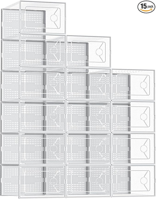 Sweetcrispy Shoe Storage Boxes, Clear Plastic Stackable Shoe Organizer with Lids for Closet, Foldable Shoe Rack Sneaker Container, Under Bed and Entryway, 15 Pack, Clear White