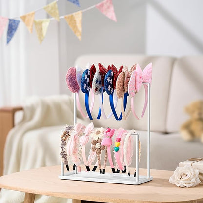 Headband Holder Organizer Metal 2-Tier with Tray: Hair Accessories Display Stand Storage Hairband Rack Necklace Stand Home Bedroom for Girls Women, White
