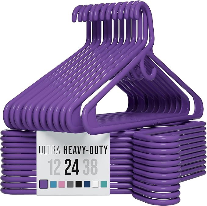 NEATERIZE Thick Heavy Duty Hangers - Purple Plastic Clothes Hangers 24 Pack - Great for Coat Hanger, Jackets Jeans & Suit Hanger for Closet, New Apartment Essentials Percheros Ganchos para Colgar Ropa