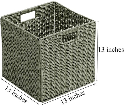 Handwoven Paper Woven Cube Basket Organizer with Handles set of 4 Foldable Storage baskets for Bedroom Living Room Cubby Storage Units for Clothes Books Toys (Green, 13" L x 13" W x 13" H)