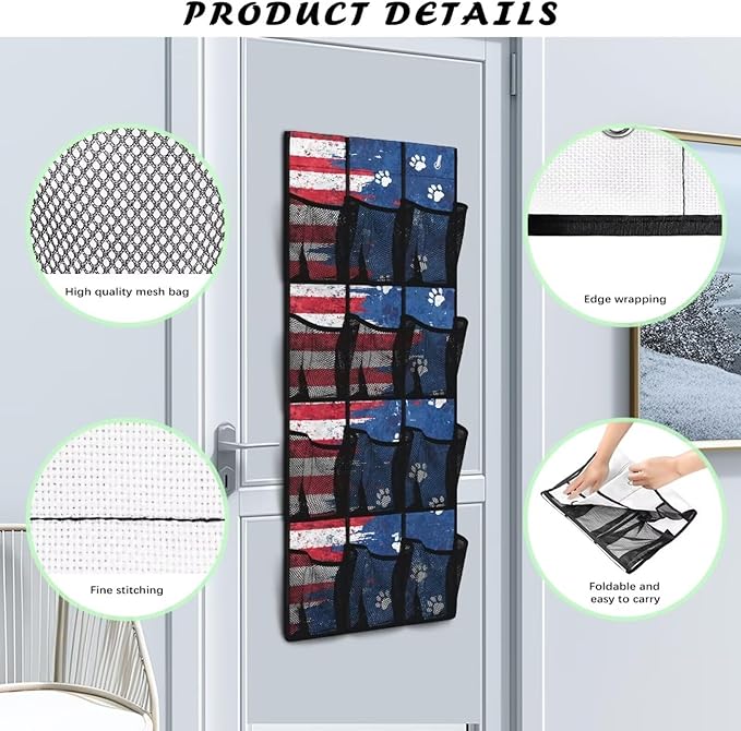 American Flag Over Door Organizer for Stuffies Collapsible Back of Door Shoe Organizer Large Capacity 4 Shelf 12 Clear Pockets Hanging Storage Bag for Shoes Cell Phones Belts Cookies