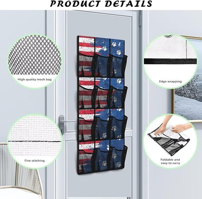 American Flag Over Door Organizer for Stuffies Collapsible Back of Door Shoe Organizer Large Capacity 4 Shelf 12 Clear Pockets Hanging Storage Bag for Shoes Cell Phones Belts Cookies