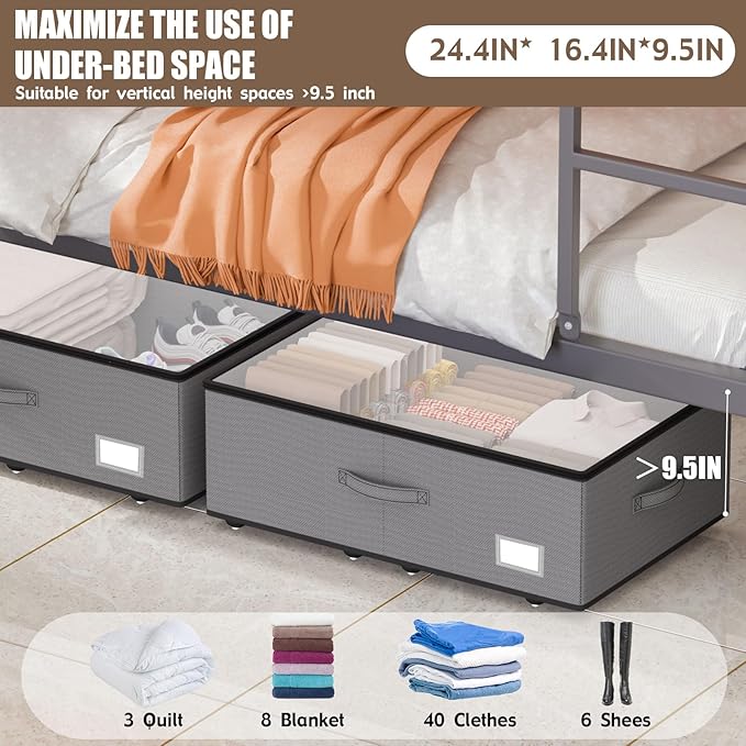 EE-RoomWorld Under Bed Storage with Wheels, No Assemble Required 10 inches height Under Bed Storage bins,Large capacity Rolling Underbed Shoe Storage containers，dorm underbed storage drawers