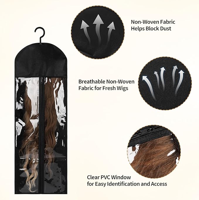 12PCS Wig Storage Bags with Hanger for Multiple Wigs& Hair Extensions Dust-Proof, Breathable, Transparent PVC Window, Foldable Travel Solution