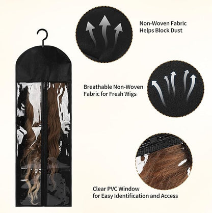 12PCS Wig Storage Bags with Hanger for Multiple Wigs& Hair Extensions Dust-Proof, Breathable, Transparent PVC Window, Foldable Travel Solution