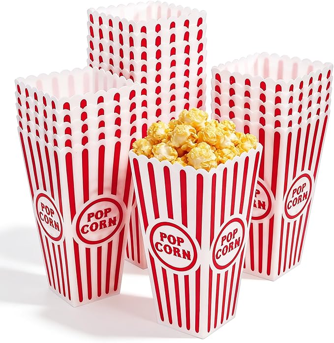 Tebery 20 Pack Plastic Popcorn Boxes Open-Top, Reusable Popcorn Bucket Container for Movie Night, Classic Red White Striped Party Snack Bowls for Party Favors, Birthday, Carnival, 7.5" x 4"