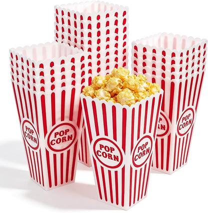 Tebery 20 Pack Plastic Popcorn Boxes Open-Top, Reusable Popcorn Bucket Container for Movie Night, Classic Red White Striped Party Snack Bowls for Party Favors, Birthday, Carnival, 7.5" x 4"