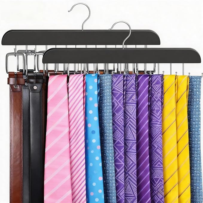 2 Packs Tie Rack & Belt Hanger 2 in 1 Hanger for Closet Organizer Max 42 Belts with 60 Ties Capacity Durable Wooden Tie and Belt Collection Organizer U for Belt and 一 for Tie Racks (Black)