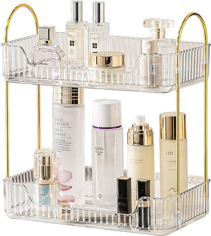 Akinbas 2 Tier Bathroom Organizer Countertop Makeup Perfume Tray Skincare Organizer for Bathroom Dresser Vanity (White)