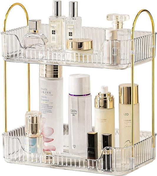 Akinbas 2 Tier Bathroom Organizer Countertop Makeup Perfume Tray Skincare Organizer for Bathroom Dresser Vanity (White)
