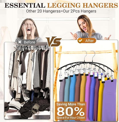 Legging Organizer for Closet, Metal Yoga Pants Hangers 2 Pack w/10 Clips Holds 20 Leggings, Space Saving, Clips Hanger for Pants, Shorts, Scarf, Hats (Black+Grey)
