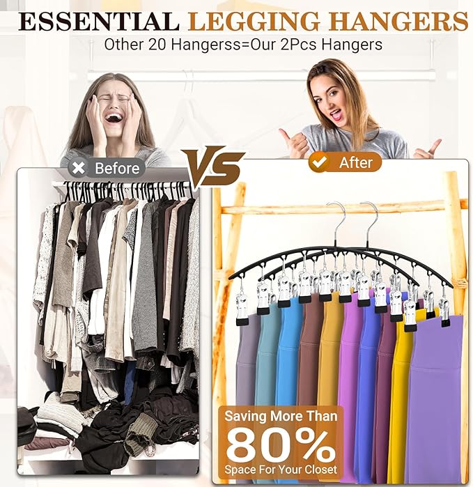 InPoTo Legging Organizer for Closet, Metal Yoga Pants Hangers 2 Pack w/10 Clips Holds 20 Leggings, Space Saving, Clips Hanger for Pants, Shorts, Scarf, Hats Black