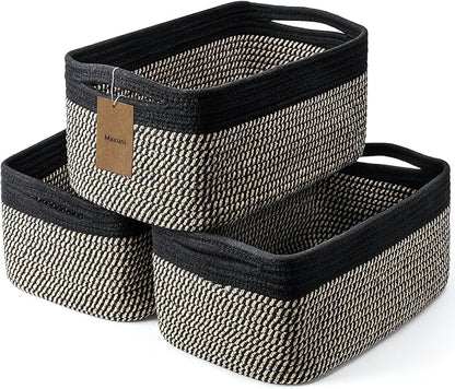 3-Pack Storage Baskets for Organizing | Woven Shelf Toy Basket | Rope Baskets for Gifts Empty | Closet Organizer Bins with Handles | Cube Decorative Box | 13.7×7.1×6.7” | Black Brown