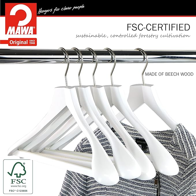 MAWA by Reston Lloyd, European Wooden Hanger, Beech Wood Body Form Hanger with Wide Supportive Shoulders, Rotating Chrome Hook, White Finish, for Shirts, Blazers, Pants, Dress Clothes Hanger, Set of 2