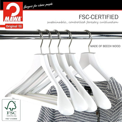 MAWA by Reston Lloyd, European Wooden Hanger, Beech Wood Body Form Hanger with Wide Supportive Shoulders, Rotating Chrome Hook, White Finish, for Shirts, Blazers, Pants, Dress Clothes Hanger, Set of 2