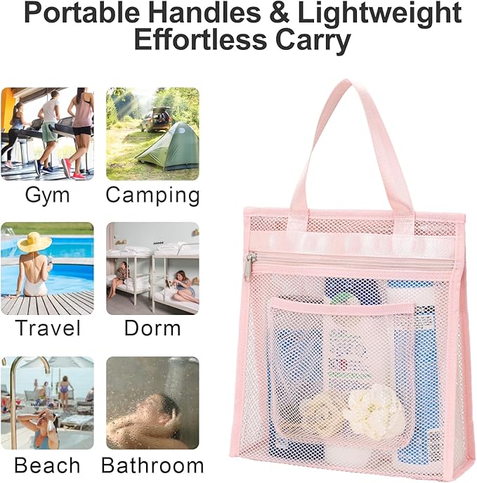 F-color Mesh Shower Caddy Portable Hanging - 3 Pockets Small Shower Bag Tote with Zipper Closure for Camping, Gym Lockers, Travel, Toiletry, Quick Dry Bathroom Essentials with S Hook, Pink