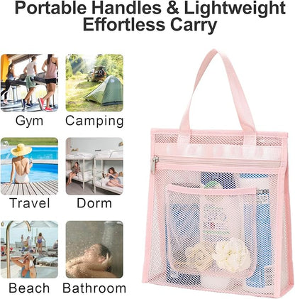 F-color Mesh Shower Caddy Portable Hanging - 3 Pockets Small Shower Bag Tote with Zipper Closure for Camping, Gym Lockers, Travel, Toiletry, Quick Dry Bathroom Essentials with S Hook, Pink