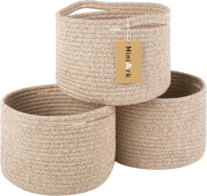 MiniArk Small Basket for Organizing | Cube Shelf Closet Storage Baskets | 9.7×9.7×7.1” | Woven Rope Gift Basket | Nursery | Round 3 Packs Mixed Brown